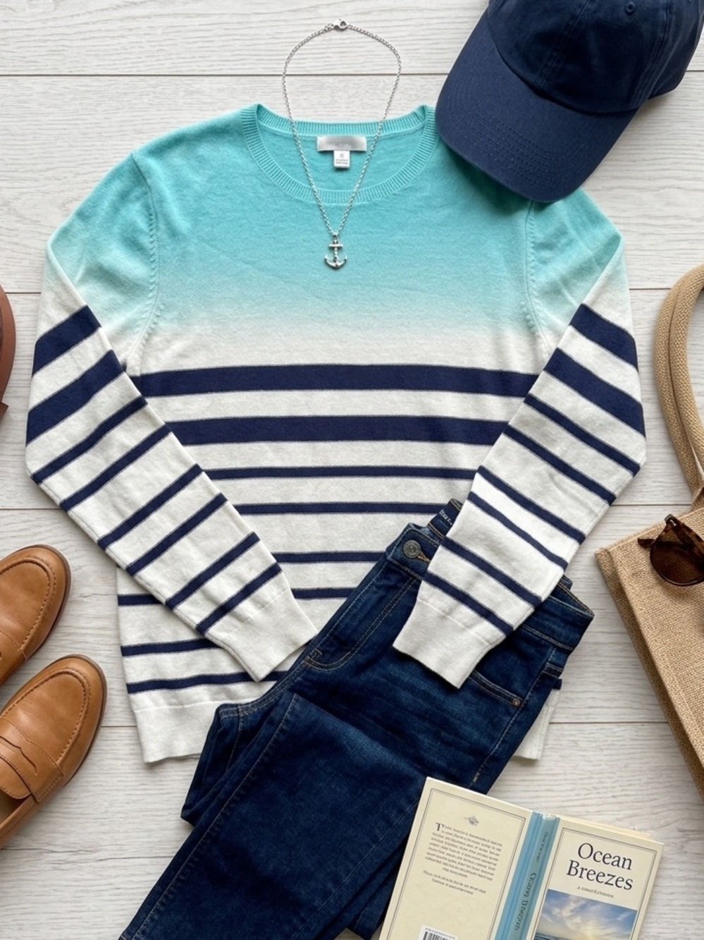 GUESS Los Angeles 100% Cotton Striped Lightweight Sweater XL Coastal Nautical